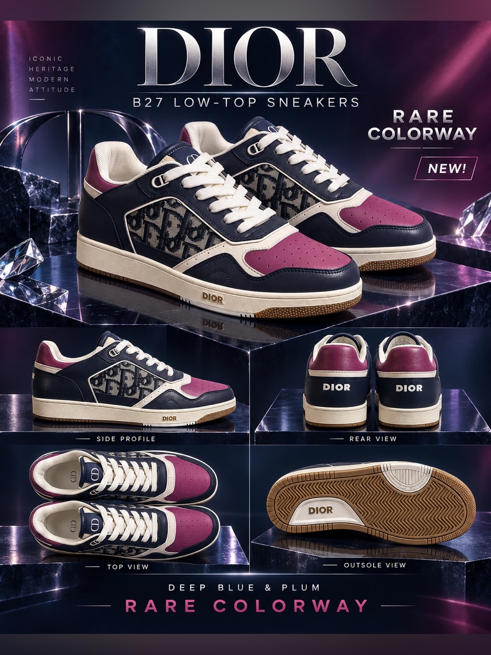 Dior B27 Low-Top Sneakers in the deep blue and plum “Rare” colorway🔥New! Nice!👍